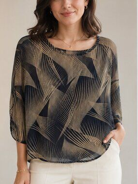 Vizios USA Sheer Geometric Dolman Sleeve Blouse Navy Beige